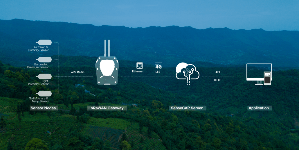 the architecture shows how the data is collected at the tea plantation and transmitted to the cloud 
